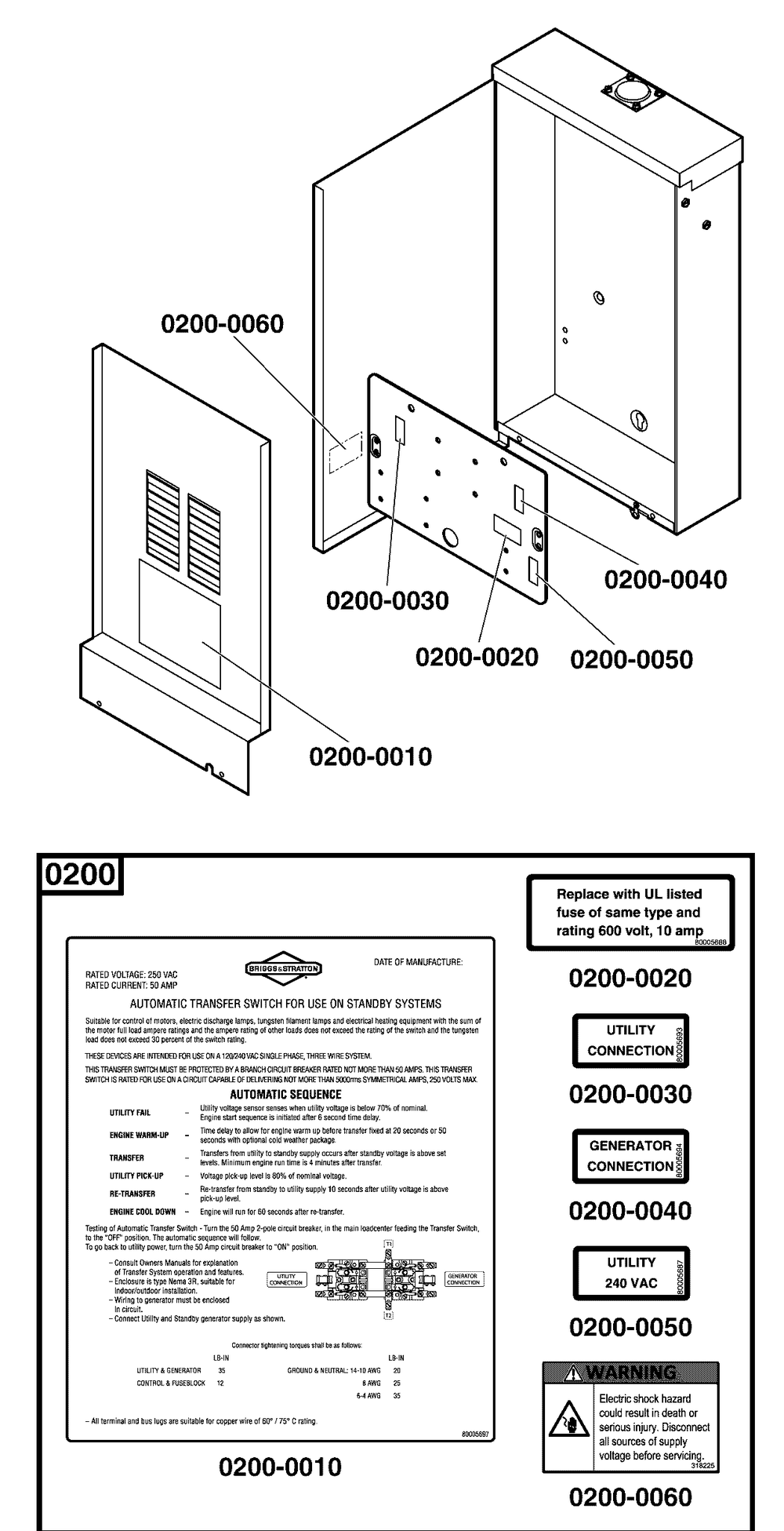 Decals Group - Ats Warning Diagram and Parts List for 01918-00  Briggs and Stratton Generator